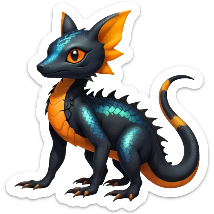 Colorful Iridescent Exotic Black and Orange Salandit-Aurorus-Umbreon-Fakémon-hybrid-creature (full body)  sticker