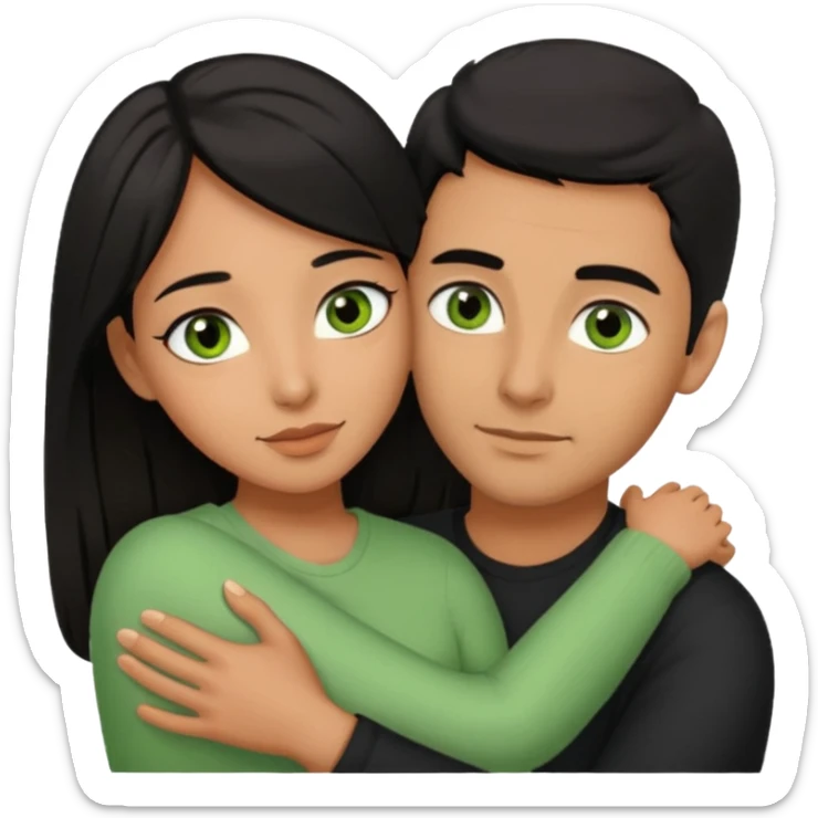 Woman  with brown eyes and black hair hugging a man with green eyes and brown hair sticker
