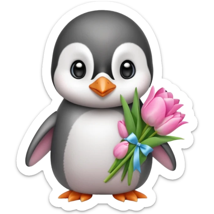 Cute baby penguin holding flower bouquet wraped in white paper and all flowers tulips in pink colour sticker