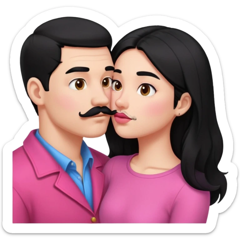 White couple kissing, boy with a mustache and black hair, the girl with long black hair in pink clothes sticker