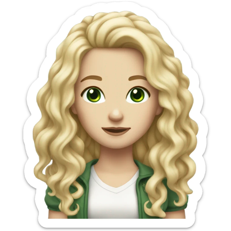 a white girl with long curly blonde hair, green eyes, skinny and with cute clothes sticker