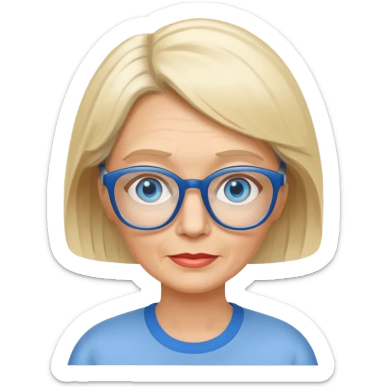 white woman about 60 years old blonde bobbed hair blue eyes glasses sticker