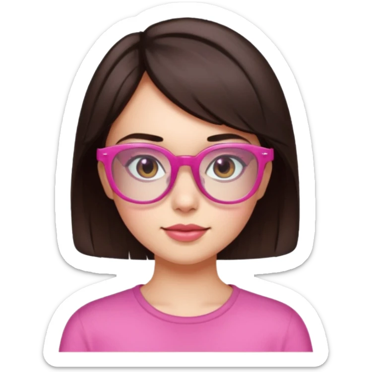 to give birth to a brunette girl who wears semi-transparent pink glasses and has short dark brown hair. sticker