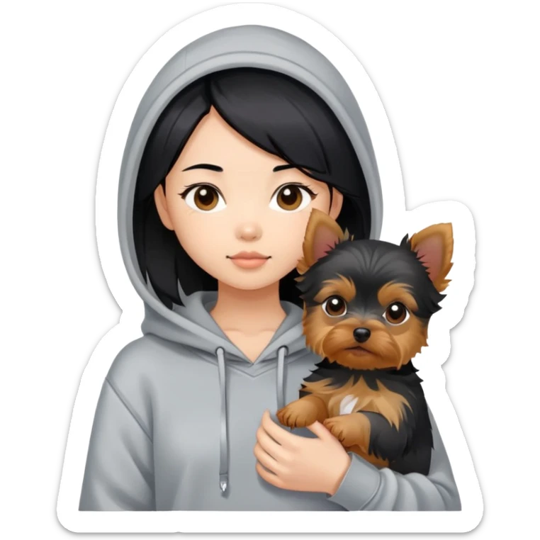 a black-haired Chinese girl in a gey hoodie with a yorkie puppy sticker