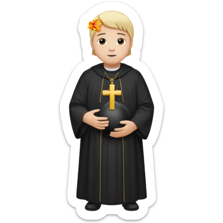pregnant man with parted blonde middle hair  and dressed like a catholic priest  sticker