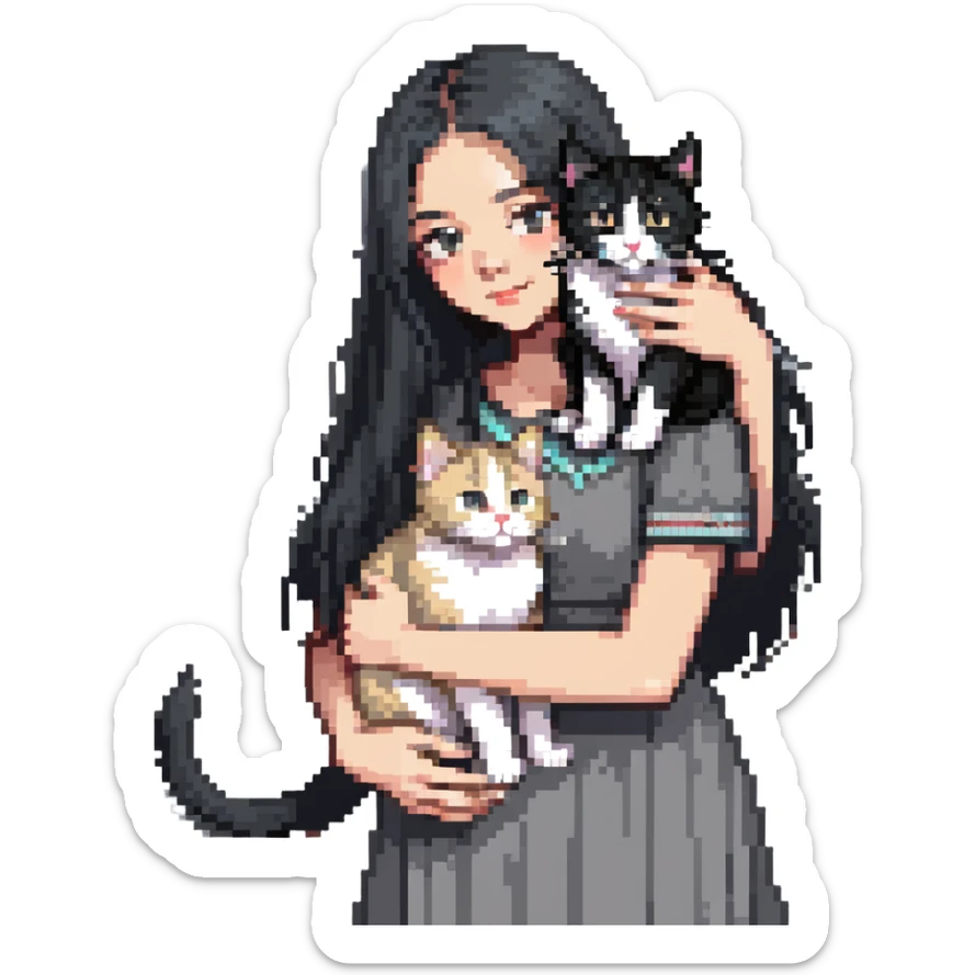 Beautiful girl with long black hair petting a gray and blonde mixed cat sticker