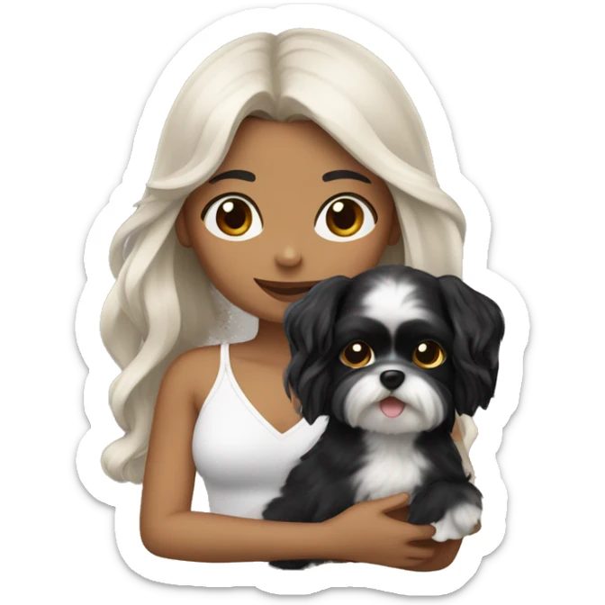 TAN SKIN GIRL with long black wavy hair and bangs holding her black and white shitzu  sticker