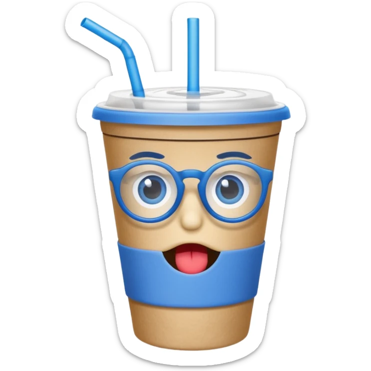 drink in a paper cup and straw, the cup has eyes and mouth and glassess sticker