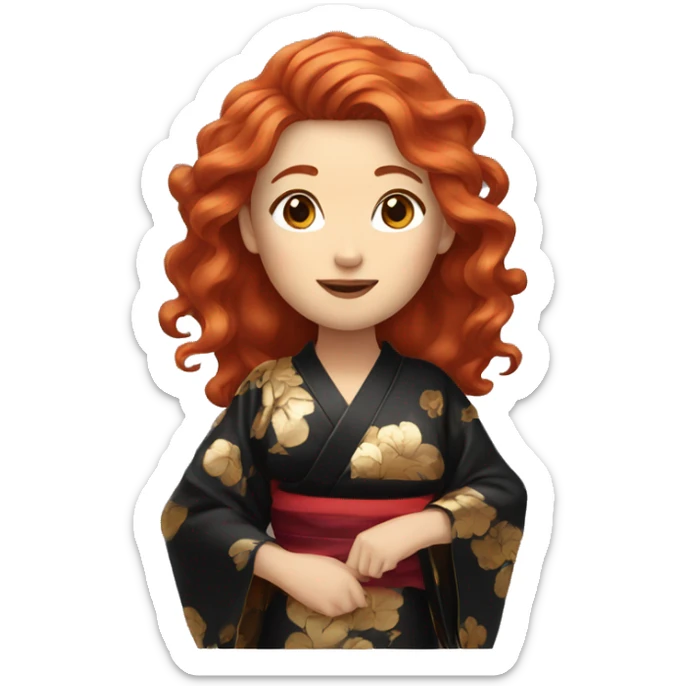 Long wavy Red hair woman, wearing a black gold kimono sticker