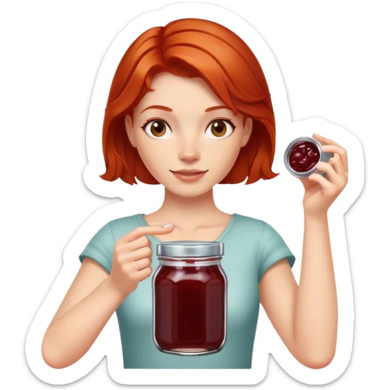 redhead woman showing a glass jar with jam at arms length, closeup sticker