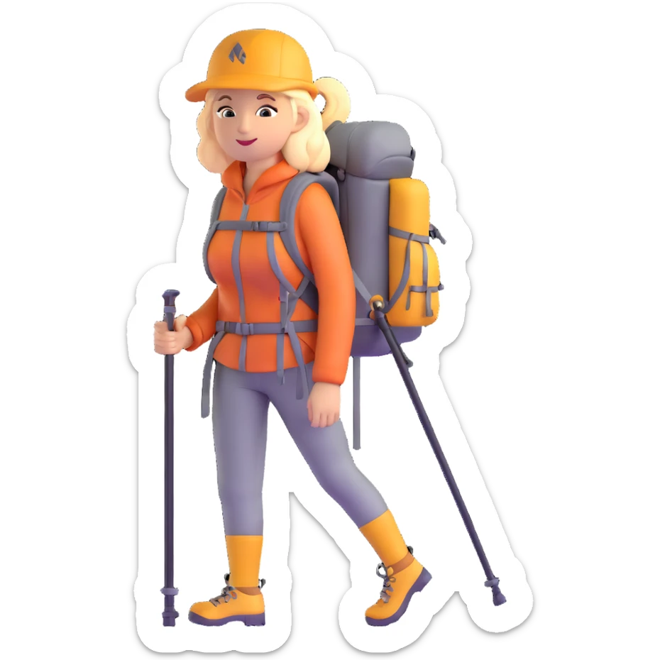 woman mountain climbing, female mountaineer with backpack and hiking poles sticker