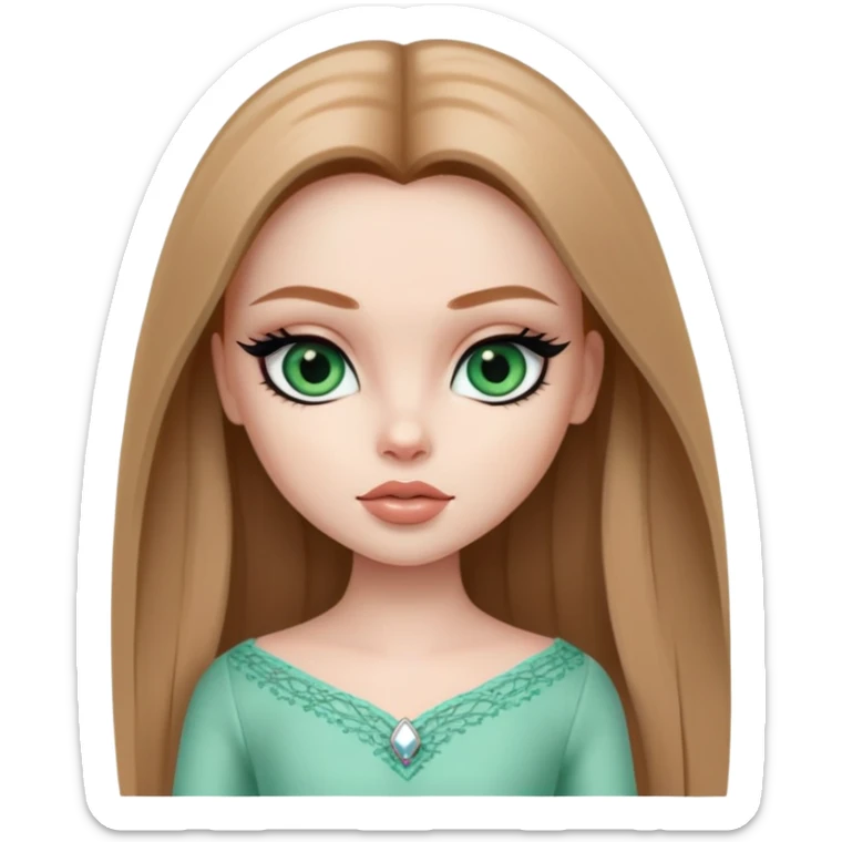 pretty bratz girl, long straight light brown hair, jade green eyes, black eyeliner, pale skin sticker