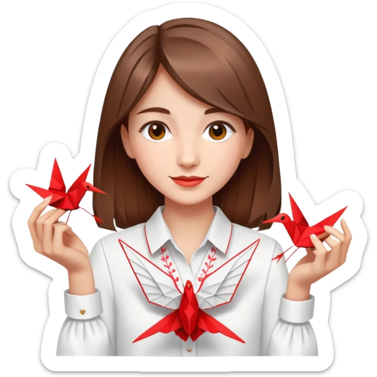 A happy Ukrainian young girl with brown hair in a white embroidered shirt makes an origami red crane craft sticker