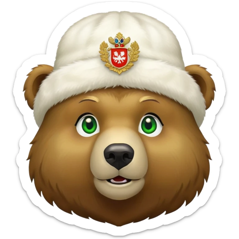 Cute grizzly bear face with green eyes, wearing a white fur hat with golden Russian coat of arms in the middle sticker