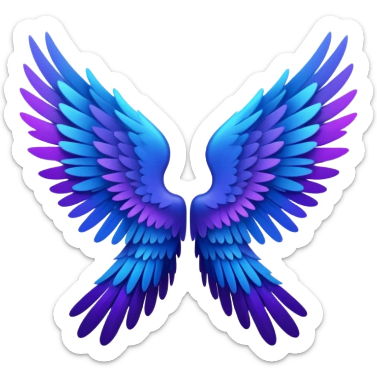 crystal angel wings, mostly black feathers, fading into purple and blue at the very tips, emoji style sticker