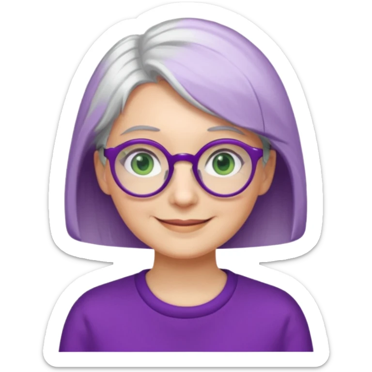 visage femme a lunettes ronde avec cheveux courts gris-blancs aux yeux verts qui souris habillé en violet sticker
