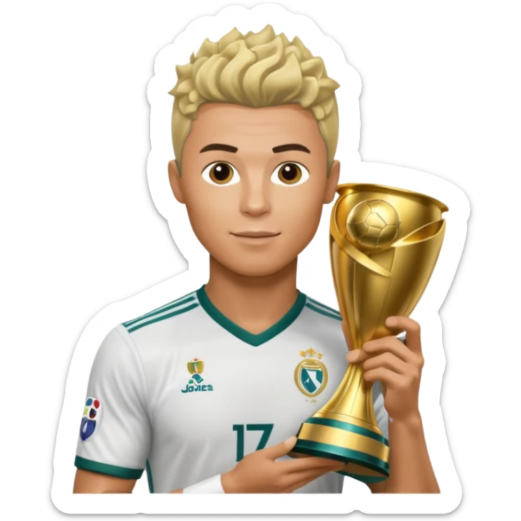 Cristiano Ronaldo holfing the champions league with noodle hair a bit longer noodle hair with a bit of blonde highlights and tge hair xoming down a bit just a bit of blonde not completely sticker