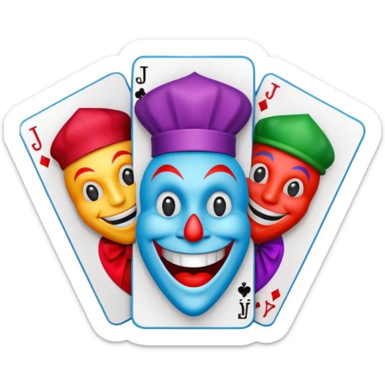 bunch of 3 poker cards, with crazy colorful human jolly jokers inside, inversed face sticker