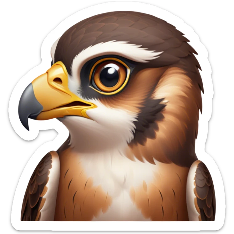 Cinematic Cute Falcon Portrait Emoji, Head tilted playfully and inquisitively, featuring a sleek, agile form with a delicately curved beak and round, sparkling eyes full of spirited charm, Simplified yet irresistibly adorable features, highly detailed, glowing with a warm, inviting glow, high shine, affectionate and lively, stylized with a touch of whimsical aerial grace, soft glowing outline, capturing the essence of a mischievous yet endearing falcon that seems as if it could dart out of the screen into your heart! sticker