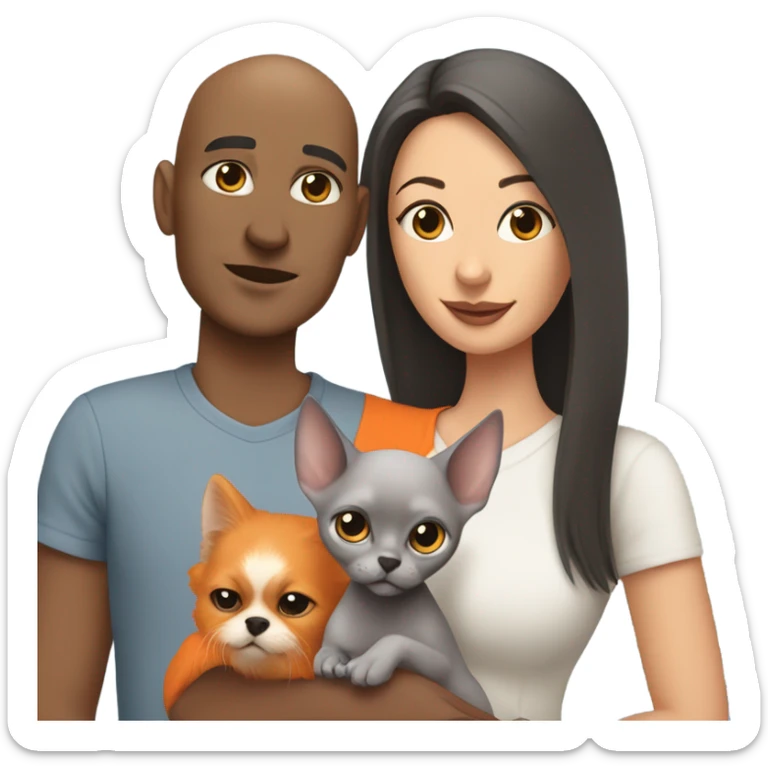 Bald man is holding a small grey sphinx cat and a woman with dark straight hair is holding a orange Pomeranian dog sticker