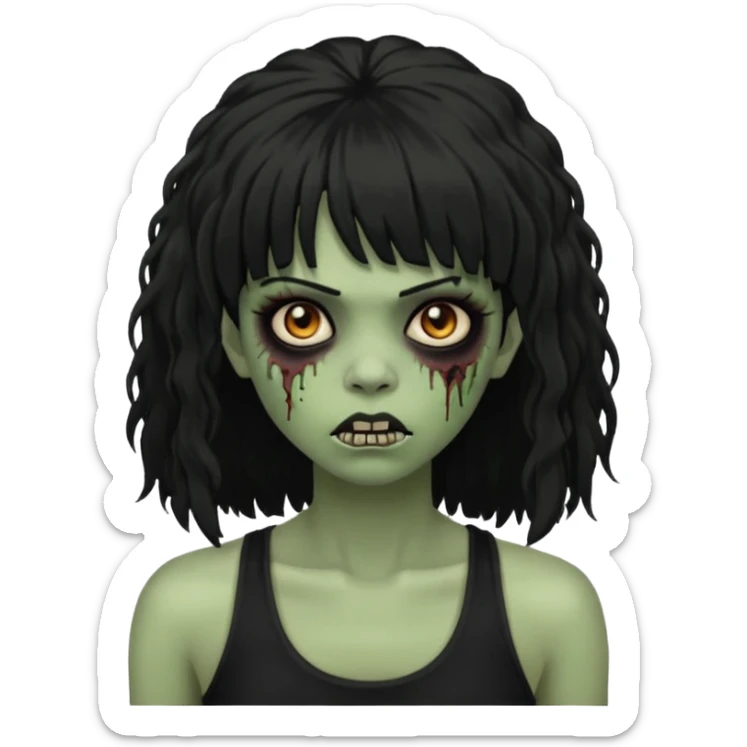 a female zombie with sage green skin, black long afro hair with bangs, and a black tank top  sticker