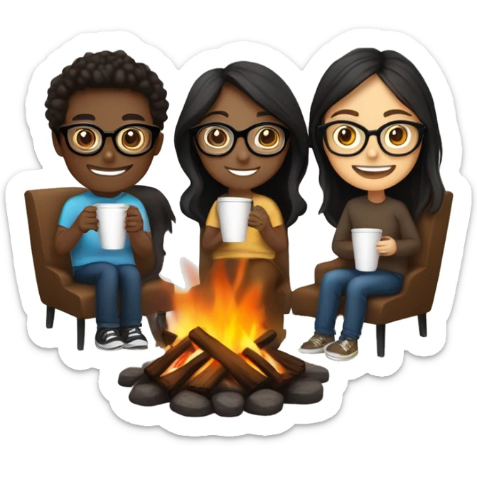 Three friends, one darker skin black hair with glasses (black framed) , one brown hair light skin  with glasses (clear frame), one dark brown hair light skin, make them all hold different kinds of coffee, sitting by the fire, smiling and talking sticker