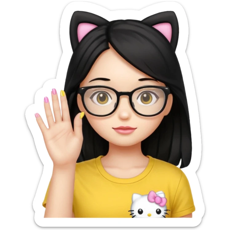 Nails cute with hello kitty wear glasses black long  hair wear, yellow shirt sticker