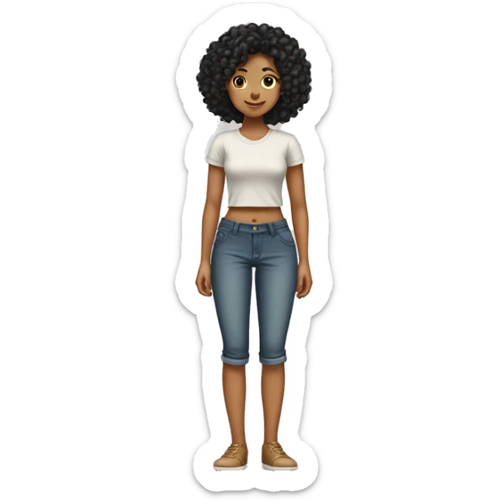 Tan girl curly black hair standing strait on one other leg tucked sticker
