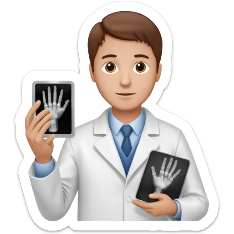 Radiografía de mano sostenida por un hombre con bata blanca  piel clara cabello café sticker