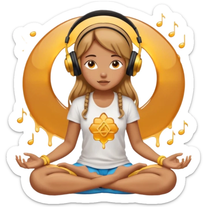 A girl is sitting cross-legged in a meditation pose, wearing headphones and listening to music. The song is so good that honey is dripping from her ears, and her expression is completely dazed because she’s enjoying the music so much. Like this girl 🧘🏻‍♀️ sticker