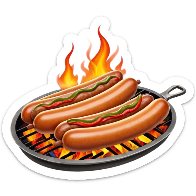 Cinematic Realistic Sausage Sizzle Dish Emoji, featuring sizzling sausages cooking over an open flame rendered with dynamic textures and warm, smoky lighting. sticker