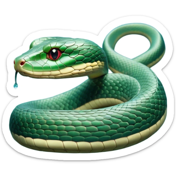 Cinematic Noble Chinese Water Snake Portrait Emoji, Poised and graceful, with a slender, sinuous build and a sleek, iridescent coat of muted greens and blues, deep-set soulful eyes, Simplified yet sharp and sophisticated features, highly detailed, glowing with a soft, dignified aquatic glow, high shine, intelligent and fluid, stylized with an air of waterborne elegance, focused and attentive, soft glowing outline, capturing the essence of a watchful and confident water snake that feels as though it could glide out of the screen with effortless authority! sticker