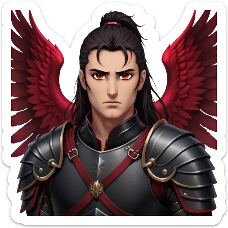A towering Illyrian warrior with long, dark hair tied loosely at the nape of his neck, his hazel eyes flickering with battle-hardened resolve and mischief. His powerful frame is clad in black leather armor with deep crimson accents, fitted perfectly to his broad shoulders. His massive Illyrian wings stretch behind him, their leathery surface marked by scars of countless battles. A wicked grin plays on his lips, revealing the roguish charm beneath the warrior's exterior. sticker