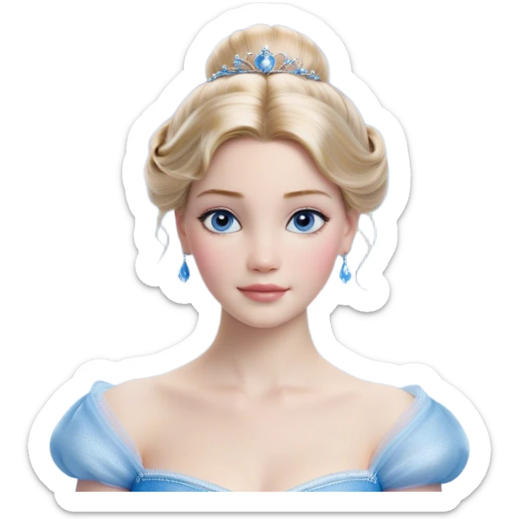 Cinematic Realistic Cinderella Portrait, depicted with lifelike skin texture, subtle rosy undertones, and soft natural lighting that enhances the gentle contours of her face. Her intricately detailed golden blonde hair is elegantly styled in an updo, with delicate wisps framing her face for added realism. Her deep, expressive blue eyes radiate warmth and sincerity, reflecting a quiet resilience and grace. She is dressed in her iconic ball gown, the fabric shimmering with intricate embroidery and fine translucent layers that catch the light beautifully. The soft sheen of satin gloves and the delicate sparkle of a glass-like slipper peeking from beneath her dress add a touch of magical realism. The portrait features an enchanting glow with a natural, luminous finish, seamlessly blending realism and fairytale charm to evoke a sense of depth, elegance, and timeless beauty. sticker