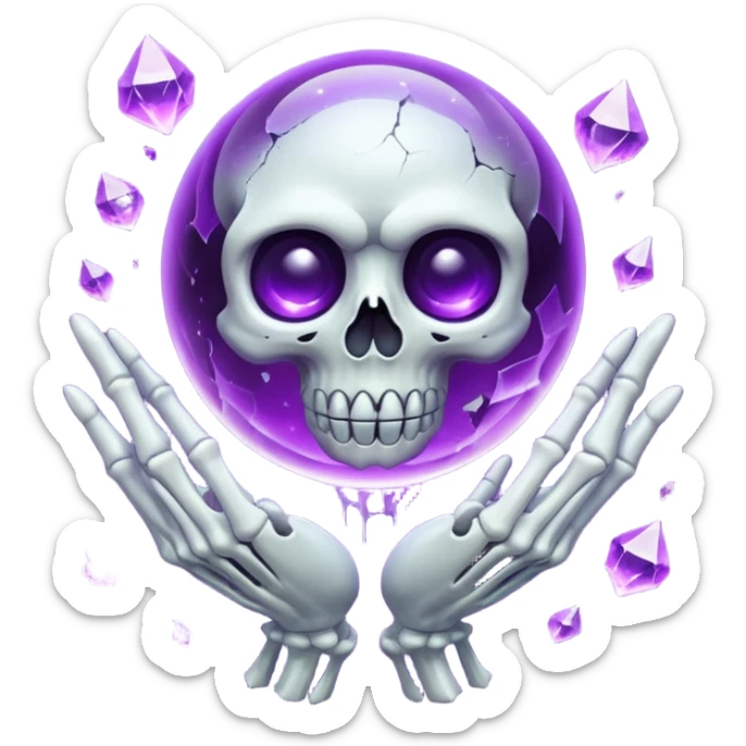 A Discord emoji of a floating, cracked purple crystal orb held by skeletal fingers. Void magic theme, vibrant glow, sharp detail, white background. sticker