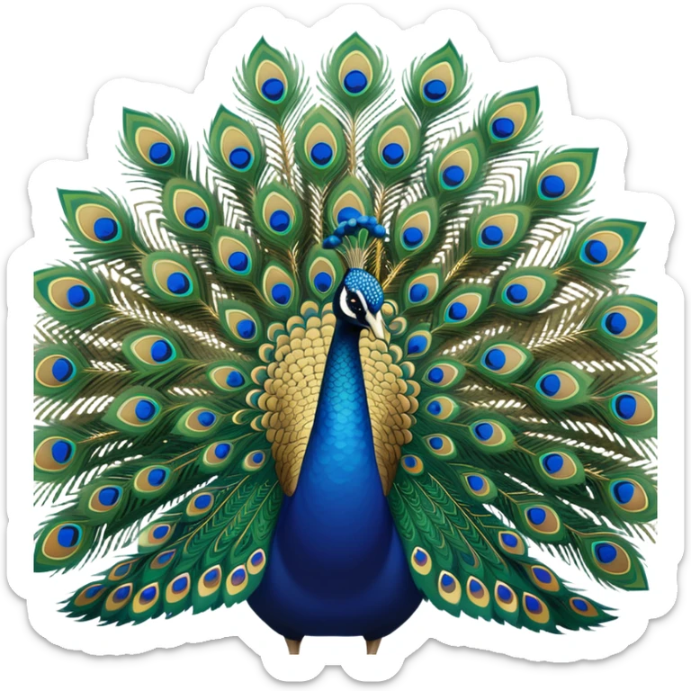 A colorful peacock with a large, fan-like tail displaying vibrant shades of blue, green, and gold. Its elegant feathers are spread in a beautiful display, showcasing intricate patterns sticker