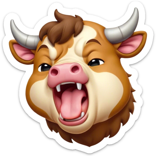 Cinematic Cute Yawning Domestic Bull Portrait Emoji, Head tilted slightly with a dramatic, wide-open yawn, showcasing a robust, muscular frame with a soft, downy coat and subtly drooping horns, round eyes barely open in drowsy contentment, Simplified yet irresistibly adorable features, highly detailed, glowing with a soft, cozy natural glow, high shine, relaxed yet expressive, stylized with a dash of rustic whimsy, soft glowing outline, capturing the essence of a sleepy yet affectionate domestic bull that seems ready to stretch out and settle for a nap! sticker