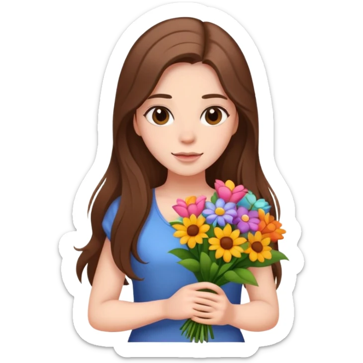 cool girl with long brown hair and fair skin tilting her head to the side while holding a bouquet of flowers sticker