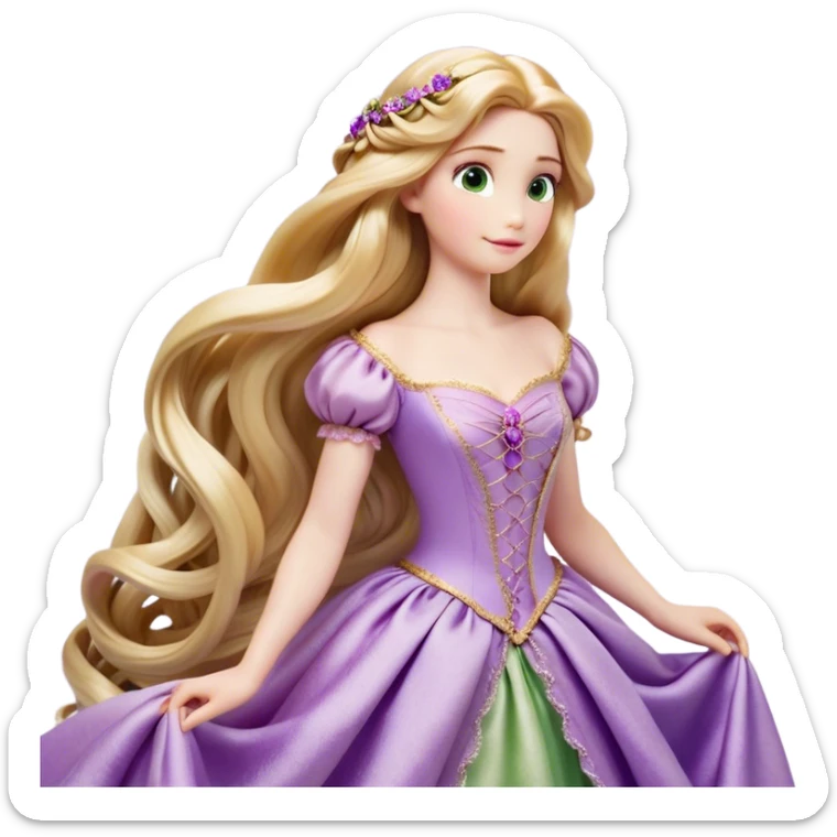 Cinematic Realistic Rapunzel Portrait, with porcelain-like skin featuring a subtle, natural glow, illuminated by soft lighting that brings out the gentle contours of her face. Her long, golden blonde hair cascades in detailed waves, each strand highlighted with a radiant shimmer as it catches the light. Her bright, expressive green eyes exude curiosity and warmth, framed by delicate lashes and soft, arched brows. Her expression is playful and vibrant, with a gentle smile. She is dressed in her classic lavender and pink gown, the fabric textured with delicate folds that flow naturally, catching the light with a soft, radiant glow. The portrait captures a luminous, enchanting aura, seamlessly blending realism with a whimsical, fairytale charm, evoking a timeless sense of beauty and magic. sticker