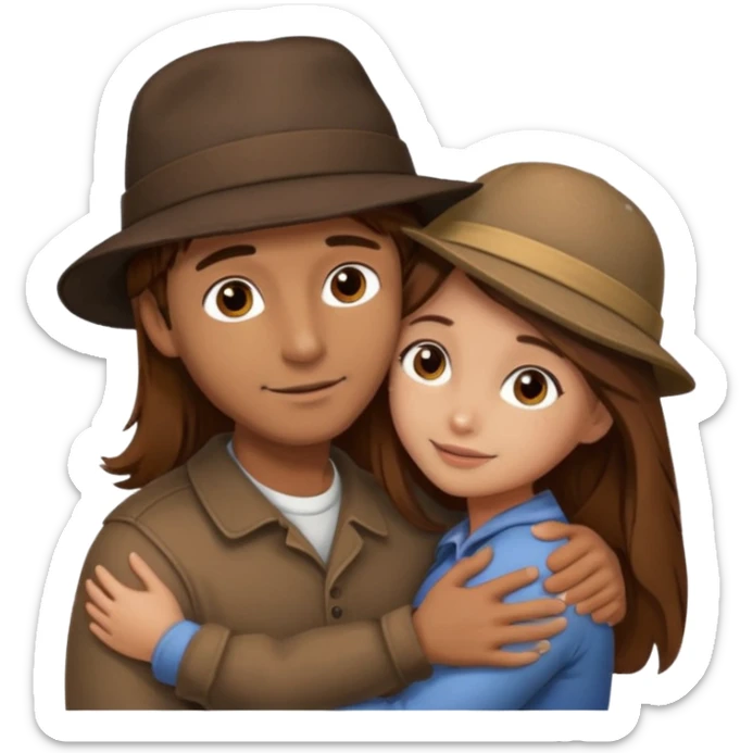 Guy with brown hair and hat on hugging girl with longer brown hair with highlights hugging  sticker