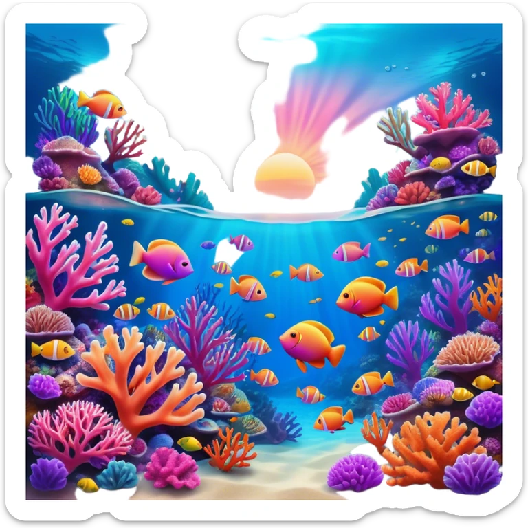Cinematic Realistic Coral Reef Emoji in a wooden frame, Vibrant and alive, with colorful corals in hues of pink, purple, and orange, swaying gently with the underwater currents. Schools of tropical fish dart between the coral, with soft rays of sunlight piercing through the clear blue water above, creating a magical, serene underwater world. Soft glowing outline, capturing the essence of the bustling, colorful, and peaceful aquatic paradise. sticker