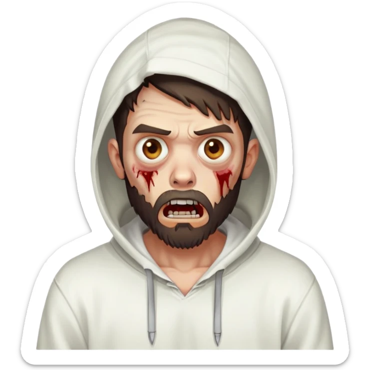 zombie with shocked expression, undercut hairstyle with dark brown hair, short full beard, wearing plain white hoodie sticker