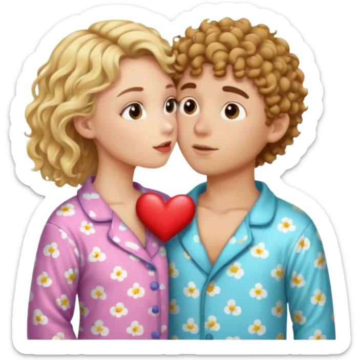 Blonde girl and brown curly haired boy kissing in pajamas sticker