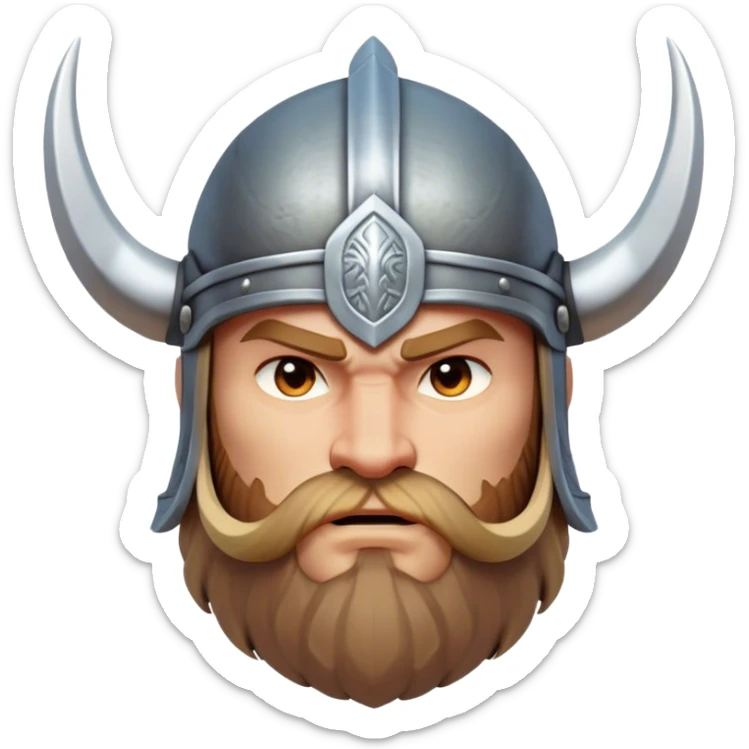 Clash of Clans aesthetic: Cinematic Fierce Viking Portrait Emoji, Poised and bold with a rugged yet stylized build, wearing a simple horned helmet and sporting a neatly trimmed beard, his face rendered in a natural skin tone, intense eyes reflecting fierce determination, Simplified yet dynamic features, highly detailed, glowing with a cool, battle-ready radiance, high shine, brave and resolute, stylized with an air of ancient Nordic valor, focused and commanding, soft glowing outline, capturing the essence of a fearless Viking adventurer ready to set sail on epic quests! sticker