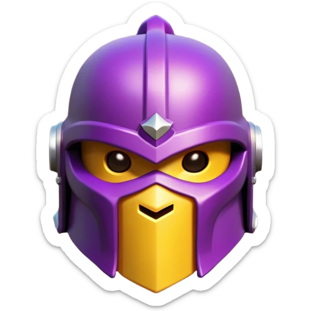 Clash of Clans aesthetic: Cinematic Playful 3D Isometric Helmet Emoji, rendered in a 3D vector-style similar to standard emojis with minimal shading and bold, simplified shapes. A compact, distinct form with signature details, softly glowing with a fantasy RPG magic charm. Simplified yet unmistakably iconic, highly detailed and consistent, glowing with a soft radiance and high shine. Stylized with a touch of heroic grandeur and a soft glowing outline, capturing the essence of a beloved gaming relic with a friendly, playful manner! sticker