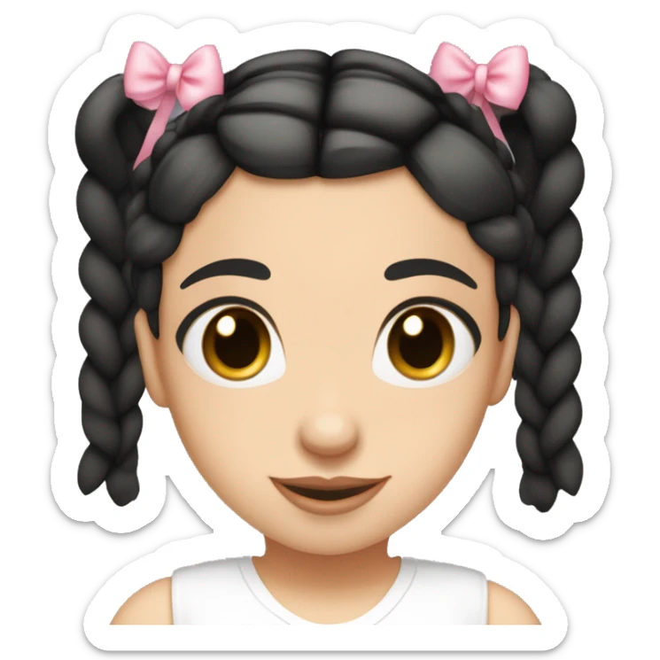 A white girl wearing white T-shirt with two braids and bangs with pink ribbon bow on each braid looking forward..black hair and brown eyes small nose and pink lips sticker