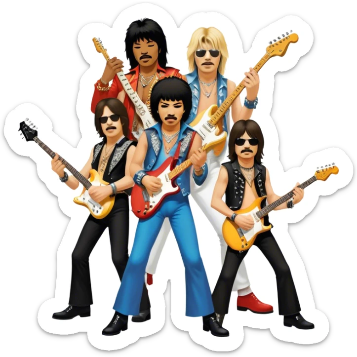 Icon for Rock Music: collage of iconic rock musicians—Klaus Meine, Jimi Hendrix, Kurt Cobain, Freddie Mercury, and Ozzy Osbourne—playing electric guitars and singing on stage. Capturing the powerful energy and rebellious spirit of rock. Transparent background. sticker