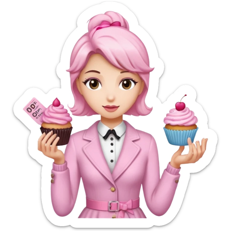 make a elegant girl with a ticket in her hand that says 10 precent off, and in the other had put a cupcake sticker