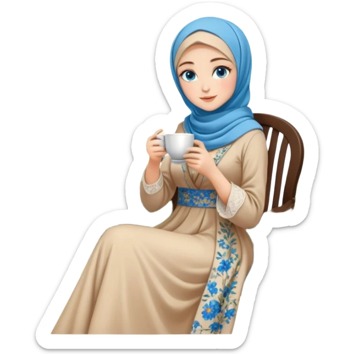 Turkish beautiful finish Konya girls blue eyes with Beautiful beige floral hijab long tail dress and the two friends in a lovely garden sits on the chair on the ground and holds cup coffe with her hand  sticker