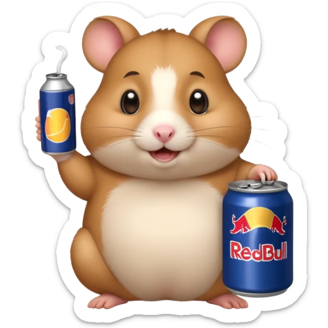 Funny cartoon-style fat hamster wide eyed with a can of redbull sticker